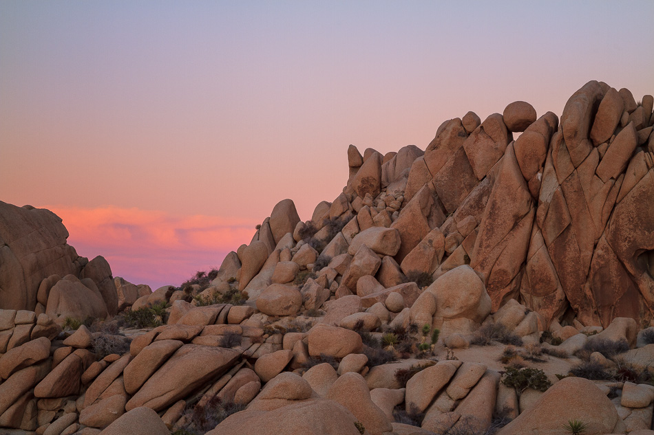 Jumbo Rocks, Joshua Tree National Park after sunset.